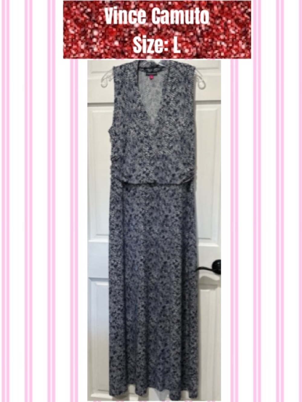 Vince Camuto Navy and White Patterned Sleeveless Maxi Dress